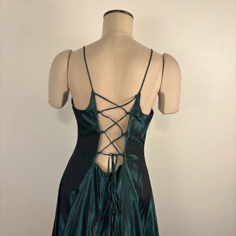 VTG Hyphen Prom Dress Sz 13/14 Emerald Green Iridescent Lace Up Corset Back Gown - Picture 12 of 16